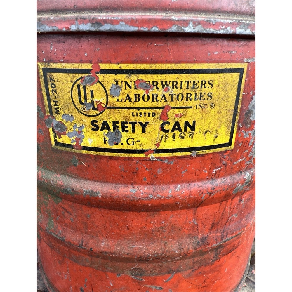 Vintage Justrite UL Listed Safety Can Red Metal Gasoline Fuel Can Industrial